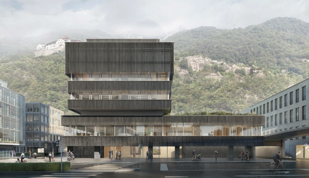 Visualisierung der neuen Landesbibliothek von der Äulestrasse aus Visualisierung der neuen Landesbibliothek von der Äulestrasse aus